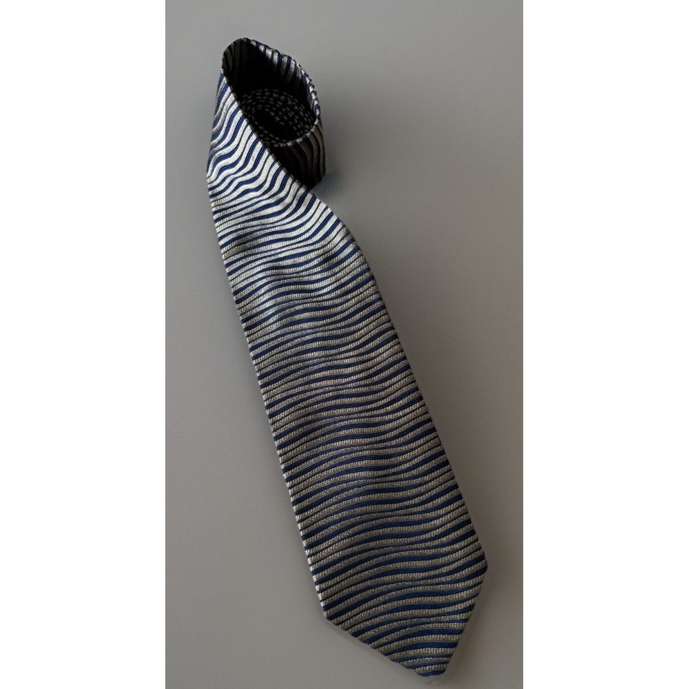 Louis Roth Neckwear Tie Gold Blue Striped Wave Pattern 100% Silk JBHS